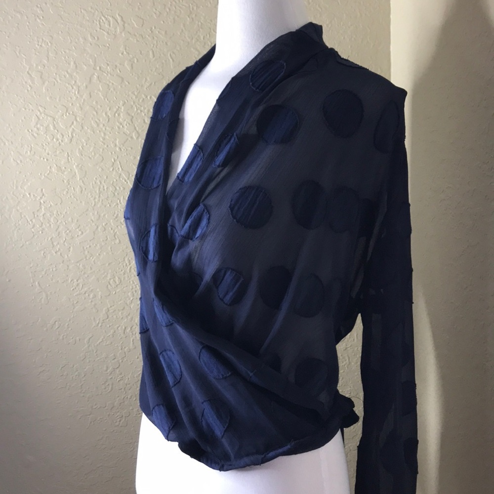 EVENUEL Blue Dotted Sheer Wrap Blouse L